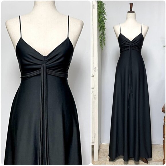 Vintage 70s Maxi Dress Small Black Slinky Spaghetti Strap Jersey Gown Union Made - Picture 1 of 12
